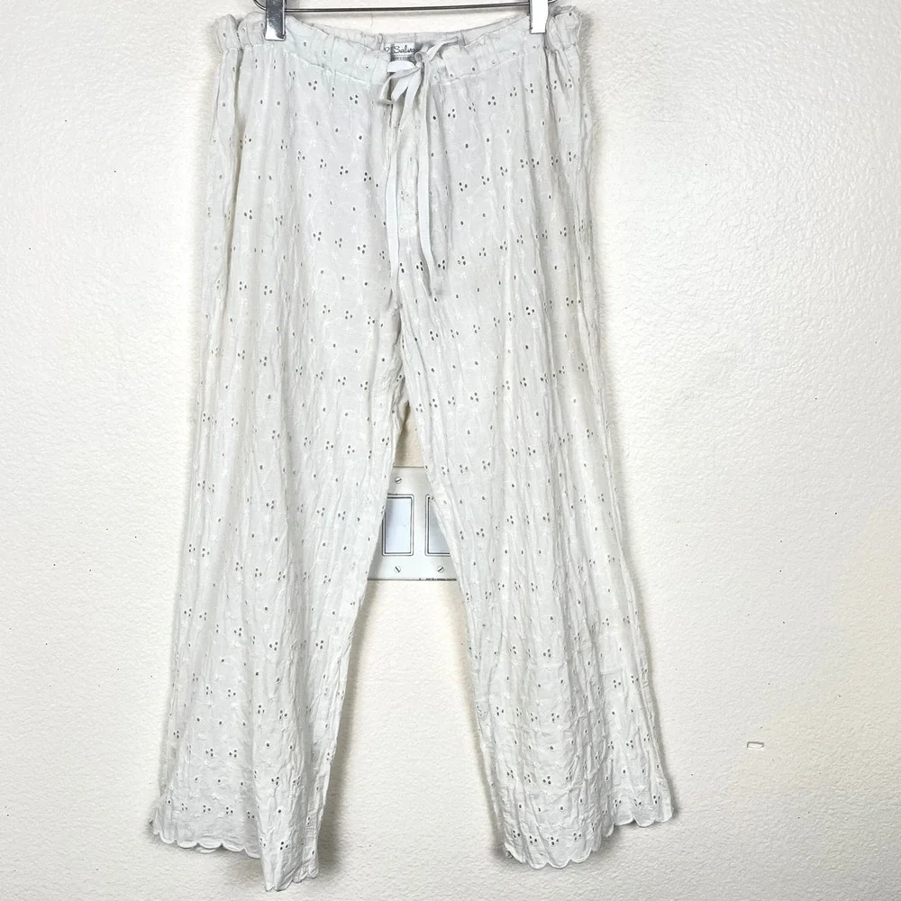 Vintage Womens Pants Sz M Eyelet Bloomer Ruffle Cottage Cotton Lounge Boho White